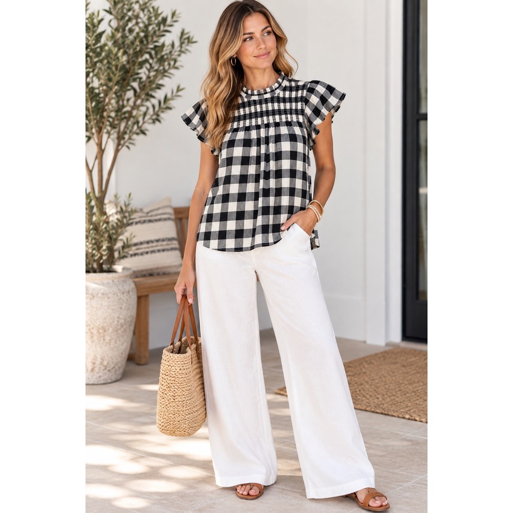 Loft Buffalo Plaid Smocked Blouse Black White Cottagecore Minimalist Top L